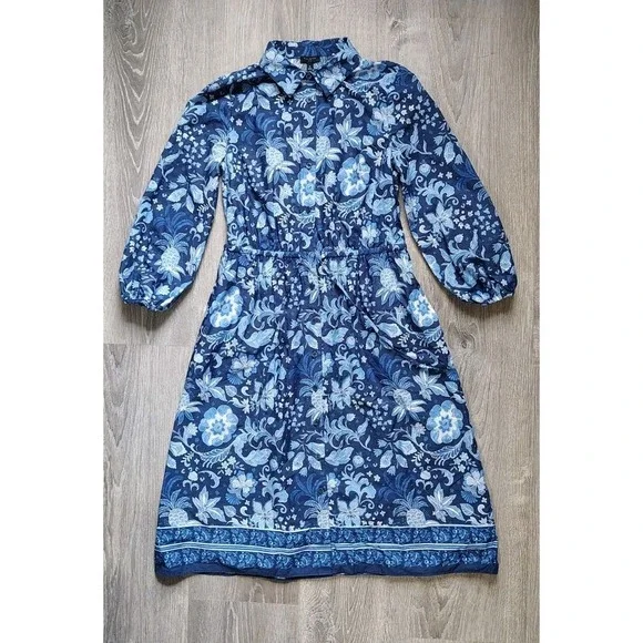 Talbots Dress 4P Womens Blue Floral A Line 3/4 Balloon Sleeve Drawstring Waist - Picture 2 of 14